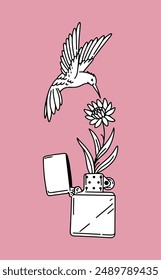 fantasy illustration of flowers and matches, drawing, ink, line art