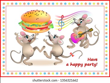 Fantasy illustration of funny mice dancing around the hamburger. Greeting card with happy party wishes. Modern print for holiday celebration. Vector cartoon image.