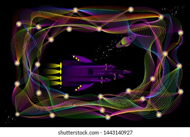 Fantasy illustration of futuristic spaceship traveling in space between stylized deep neural networks. Background for high tech digital technology. Print for scientific research. Vector image.