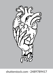 fantasy illustration of hands holding heart, drawing, ink, line art