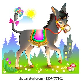 Fantasy illustration for kids with cute little donkey walking in spring meadow. Cover for baby book. Printable vector cartoon image.