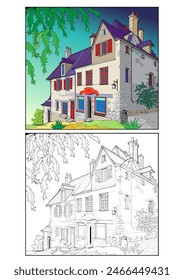 Fantasy illustration of a landscape with street and houses in an old charming French town. Colorful and black and white page for coloring book. Printable vector worksheet for drawing and coloring.