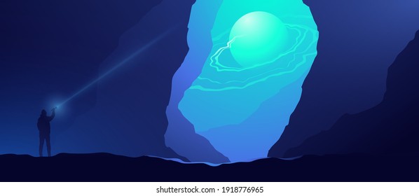 Fantasy illustration of a large cave. Man exploring the dungeon