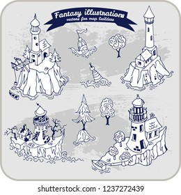 Fantasy illustration of Lighthouses for map building in hand draw vector format monochrome, black and white