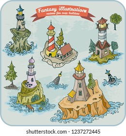 Fantasy illustration of Lighthouses for map building in hand draw vector format colorful