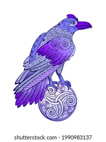 Fantasy illustration of magic blue crow. Celtic fairyland bird. Print for logo label, icon, t-shirt. Abstract decoration. Vector cartoon drawing.