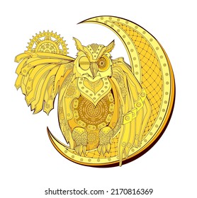 Fantasy illustration of magic gold steam-punk owl. Fairyland bird. Stylized print for logo, label, icon, t-shirt. Abstract decoration. Vector cartoon drawing.