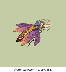 Fantasy illustration. Man is riding a bug. Design character. Hand drawn vector clip art.