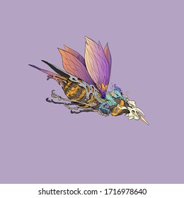 Fantasy illustration. Man is riding a bug. Design character. Hand drawn vector clip art.