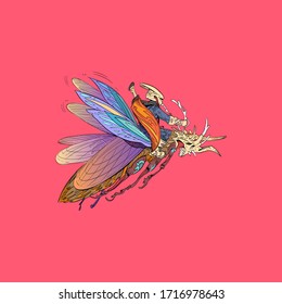 Fantasy illustration. Man is riding a bug. Design character. Hand drawn vector clip art.