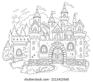 Fantasy illustration of medieval castle. Fairyland kingdom. Black and white page for kids coloring book. Worksheet for drawing and meditation for children and adults. Ancient French architecture.