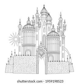 Fantasy illustration of medieval Eastern castle. Fairyland kingdom. Black and white page for coloring book. Worksheet for drawing and meditation for children and adults. Ancient architecture.