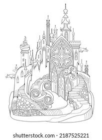 Fantasy illustration of medieval gothic castle. Fairyland Celtic kingdom. Black and white page for coloring book. Worksheet for drawing and meditation for children and adults. Ancient architecture.