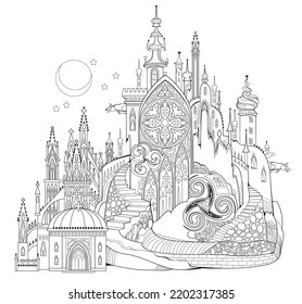 Fantasy illustration of medieval gothic cathedral. Fairyland kingdom. Black and white page for kids coloring book. Worksheet for drawing and meditation for children and adults. Ancient architecture.