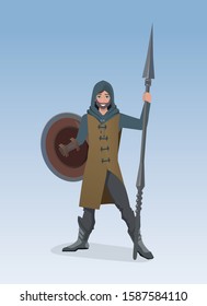Fantasy illustration with medieval soldier. Vector cartoon character. Military history concept.