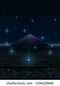 A fantasy illustration of a night landscape with falling bright stars in a forest valley in front of a lonely mountain in the night sky full of constellations