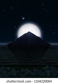 A fantasy illustration of a night landscape with a giant mountain in a forest valley and a huge full moon hiding behind it against a dark sky dotted with bright stars and a comet flying by