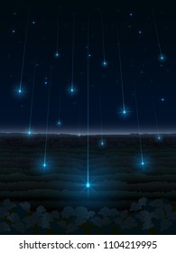 A fantasy illustration of a night landscape with many bright stars falling into the forest valley from the night sky