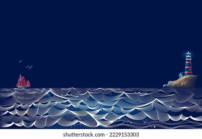 Fantástica ilustración del mar nocturno. Las ondas tormentosas forman líneas de plata abstractas serpenteando. El paisaje marino con faro y velero. Hermosos antecedentes para afiches de viajes, empresa de turismo. Imagen vectorial.