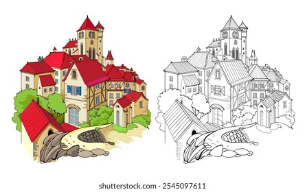 Fantasy illustration of an old charming French town with streets and houses. Colorful and black and white page for coloring book. Printable hand drawn vector. Worksheet for drawing and coloring.