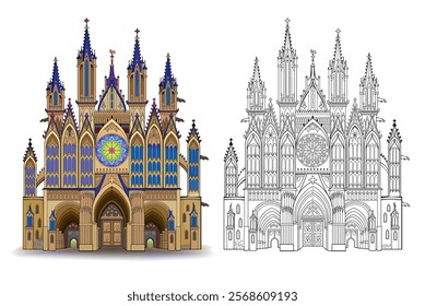 Fantasy illustration of an old charming French church with stained glass windows. Colorful and black and white page for coloring book. Printable hand drawn vector. Worksheet for drawing and coloring.