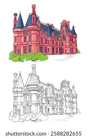 Fantasy illustration of an old charming French Trevarez castle. Colorful and black and white page for coloring book. Printable hand drawn vector. Worksheet for drawing and coloring.