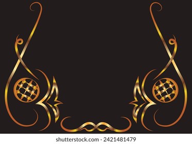 Fantasy illustration with ovals and swirls. Symmetrical ornament, applique, background with space for inscription. Gold gradient on a black background for printing on fabric, applique and cards.