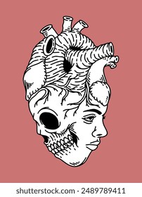 fantasy illustration of pair of faces in the heart, drawing, ink, line art