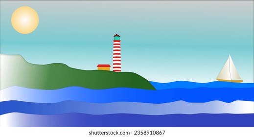 Ilustración de fantasía que representa un faro y un barco de vela, adecuado para ser utilizado como fondo de escritorio