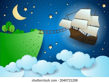 Fantasy illustration of a sailing ship landing in flight. Vector eps10
