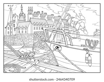 Fantasy illustration of seacoast and port landscape with sailboats and old French town in Brittany. Black and white page for coloring book. Printable worksheet for drawing and coloring. Vector image.