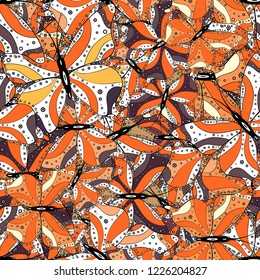 Fantasy illustration. Seamless pattern with lot of different butterflys. Abstract pattern for boys, girls, clothes, wallpaper. Pictures in black, orange and white colors. Vector.