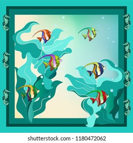 Fantasy illustration showing of marine life, tropical fishes and seaweeds, bright and colorful. Underwater vector illustration. Good for designs, textiles, bandannas, scarves.