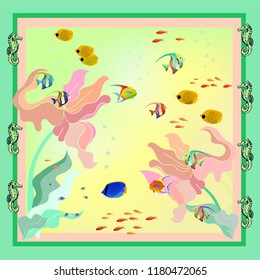 Fantasy illustration showing of marine life, tropical fishes and seaweeds, bright and colorful. Underwater vector illustration. Good for designs, textiles, bandannas, scarves.