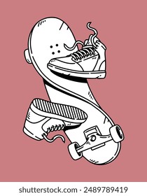 fantasy illustration of skateboards and shoes, drawing, ink, line art