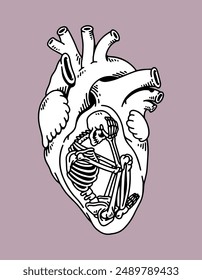 fantasy illustration of skeleton and heart, drawing, ink, line art