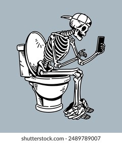 Fantasy-Illustration des Skeletts auf der Toilette, Zeichnung, Tinte, Linie Kunst