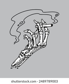 fantasy illustration of skull hand holding cigarette, drawing, ink, line art