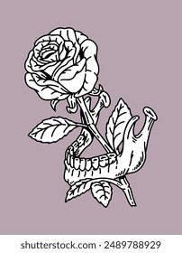 fantasy illustration of skull mouth and rose, drawing, ink, line art