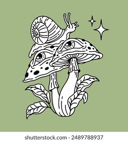 fantasy illustration of snail on mushroom, drawing, ink, line art