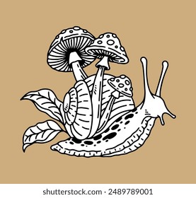 fantasy illustration of snails and mushrooms, drawing, ink, line art