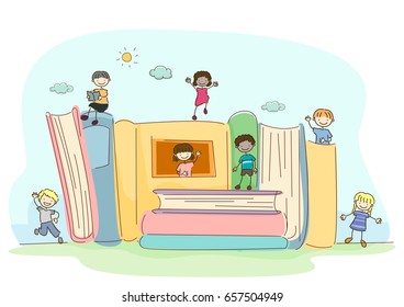 Fantasy Illustration of Stickman Kids with Big Books Having Fun Outdoors