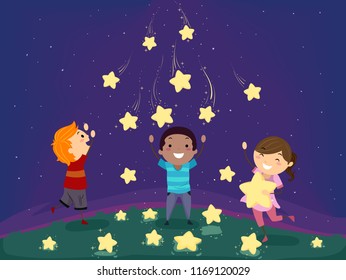 Fantasy Illustration of Stickman Kids Playing with Falling or Shooting Stars