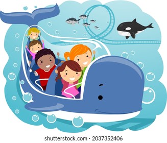 Fantasy Illustration of Stickman Kids Riding a Whale Ride in an Underwater Theme Park