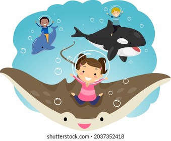 Fantasy Illustration of Stickman Kids Wearing Helmet Riding Stingray, Dolphin and Whale Underwater