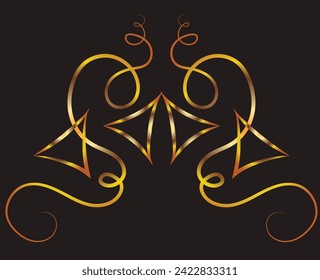 Fantasy illustration with swirls and sharp corners. Ornament, applique, background with space for an inscription. Gold gradient on a black background for printing on fabric, applique and cards.