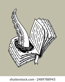 fantasy illustration of tentacles and books, drawing, ink, line art