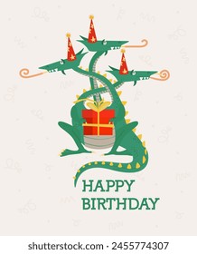 Fantasy illustration three headed green dragon with a present and birthday hats. Cute birthday card, greetings, celebration.
