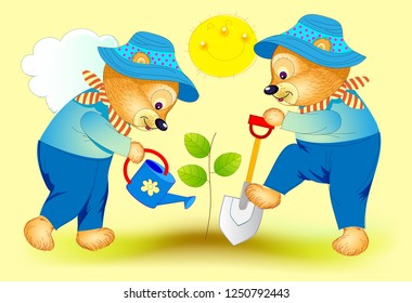 Fantasy illustration of two cute little bears planting the tree in spring garden. Cover for children book. Hand-drawn vector cartoon image.