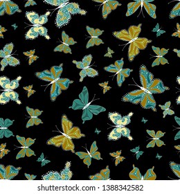 Fantasy illustration. Vector. Seamless pattern with lot of different butterflys. Pictures in black, brown and blue colors. Abstract pattern for boys, girls, clothes, wallpaper.